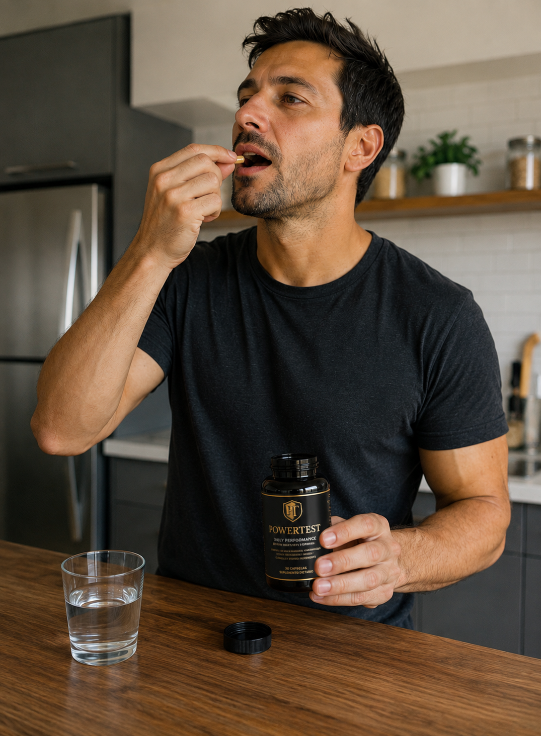 Hombre tomando PowerTest en la cocina por la mañana